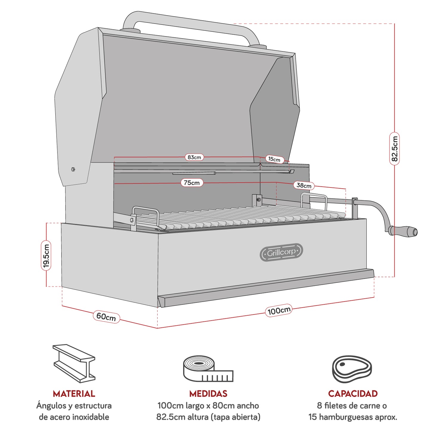 Parrilla Argentina con tapa Extra Grande Empotrable Inoxidable 100cm x 60cm | Grillcorp