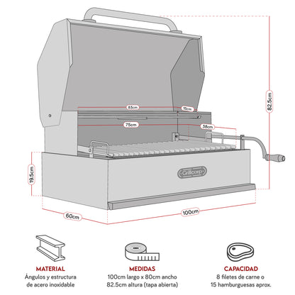 Parrilla Argentina con tapa Extra Grande Empotrable Inoxidable 100cm x 60cm | Grillcorp
